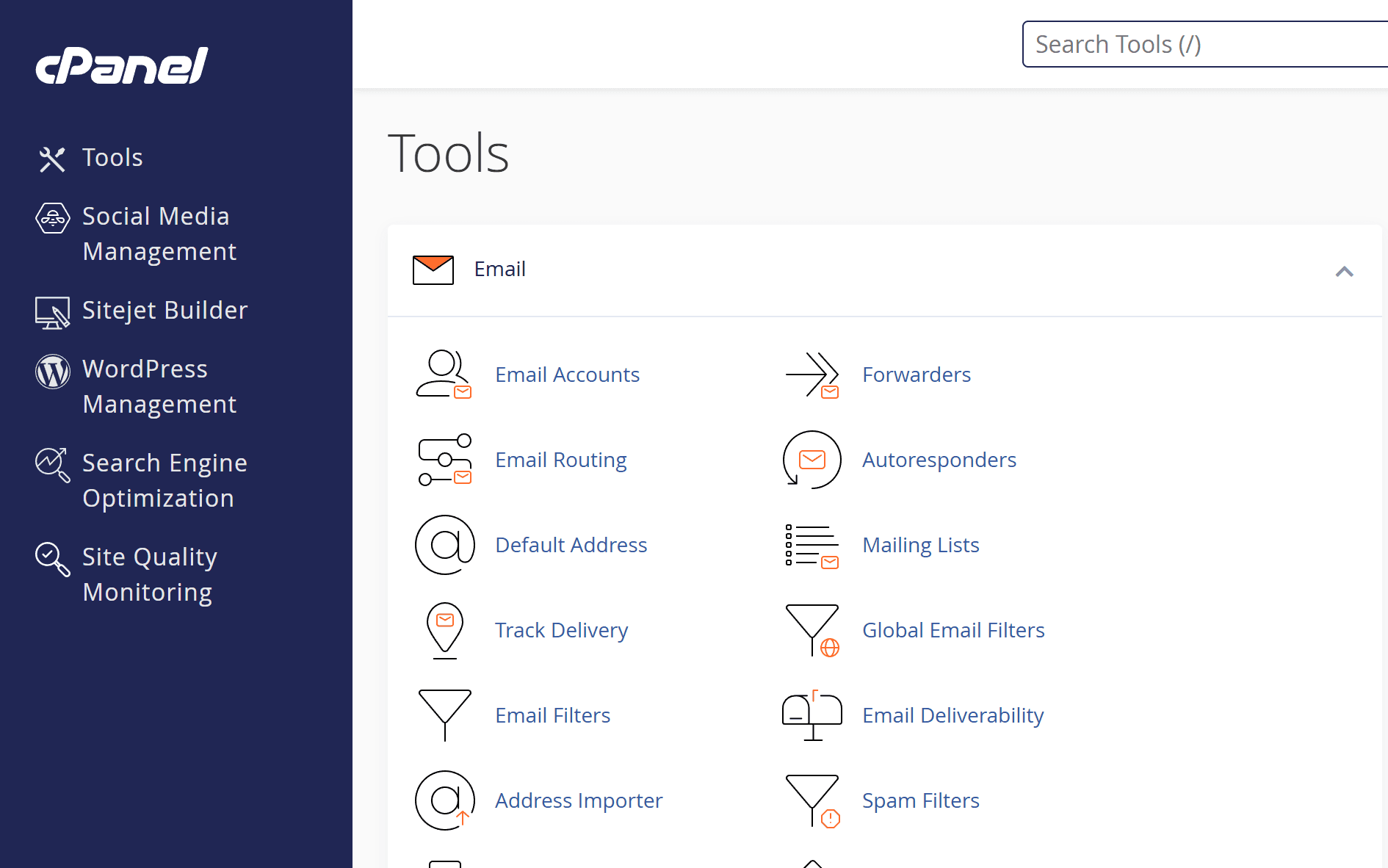 The cPanel control panel home screen