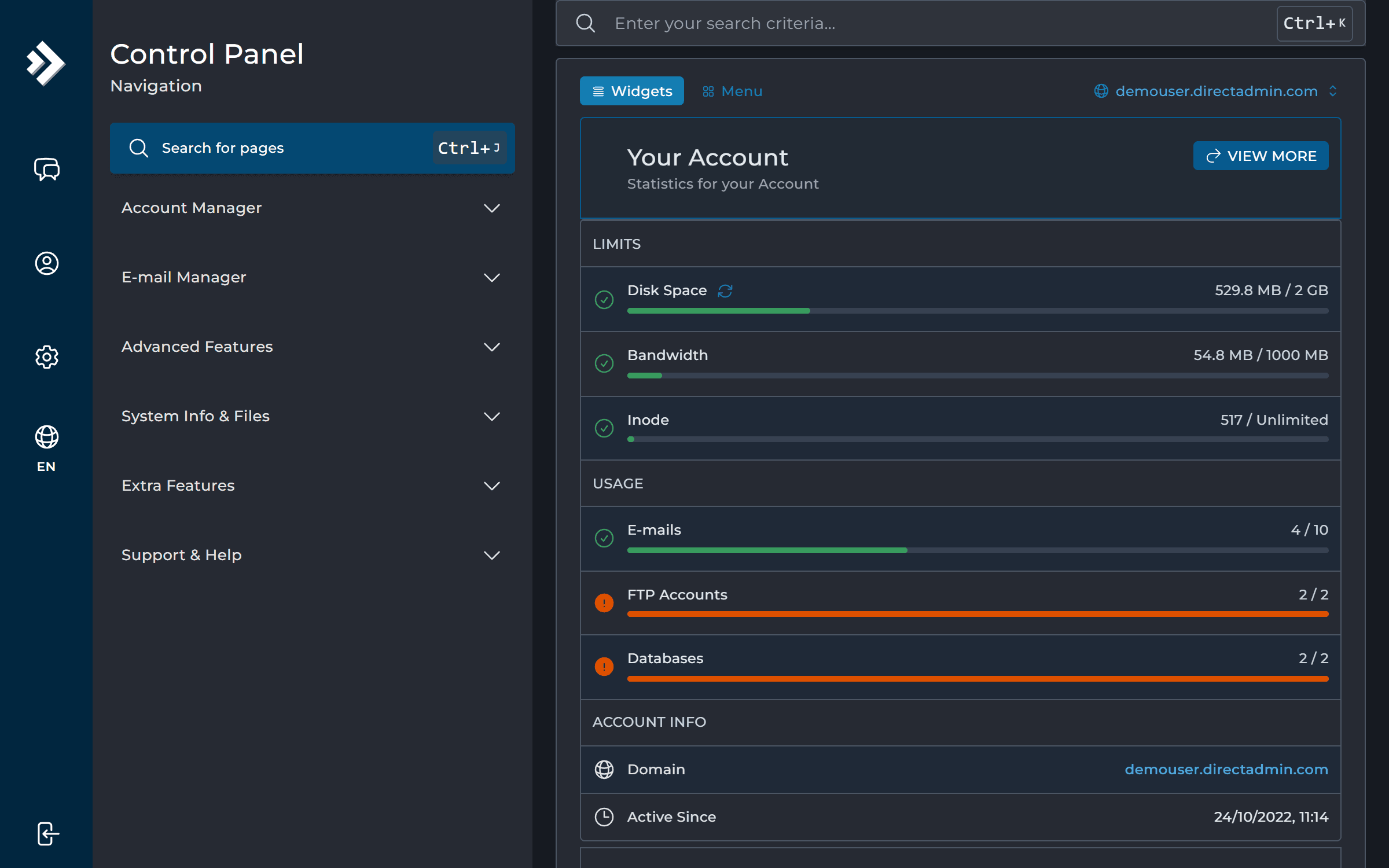 The DirectAdmin control panel home screen